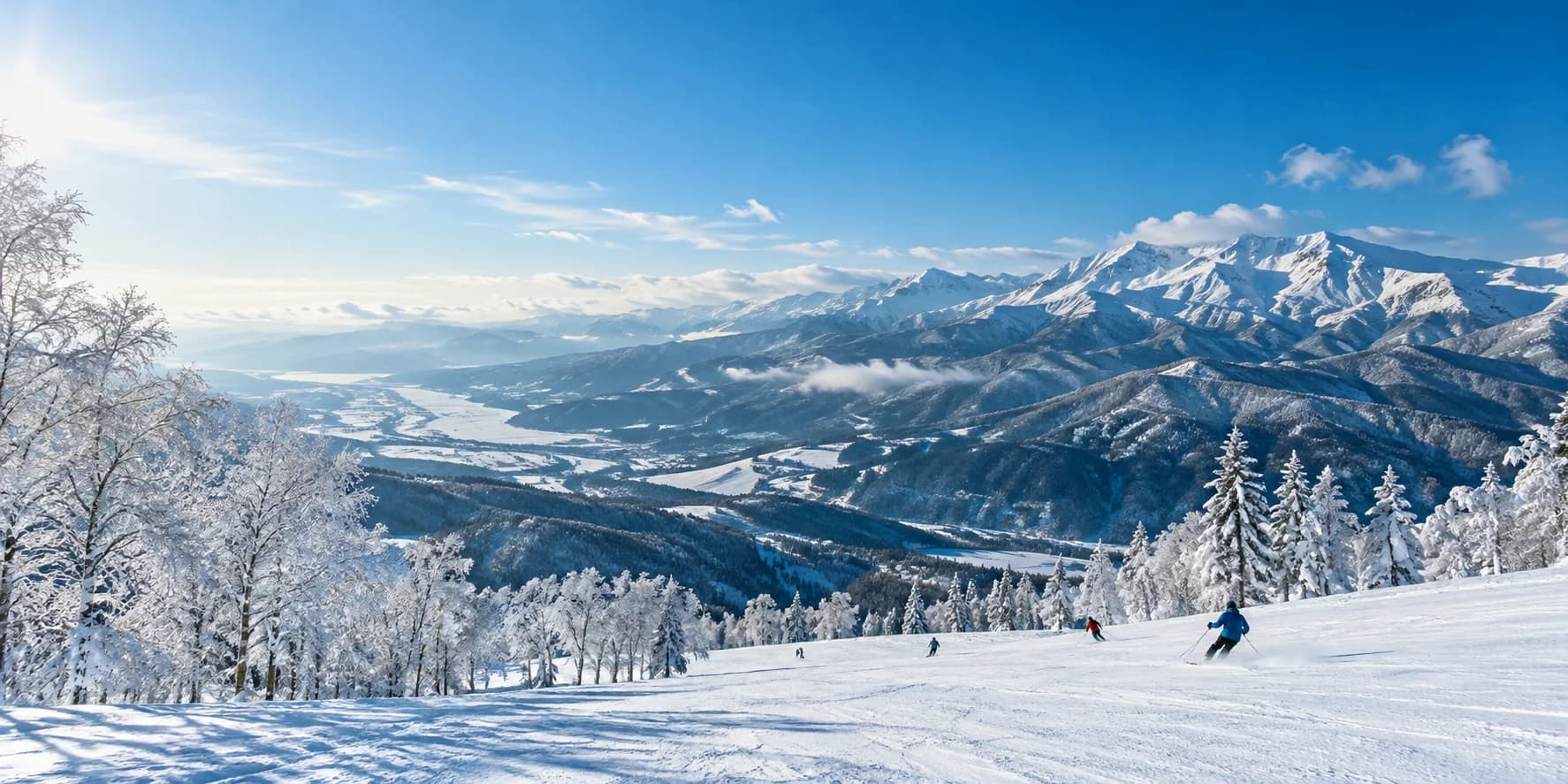 陽光下的雪山、樹林與滑雪道